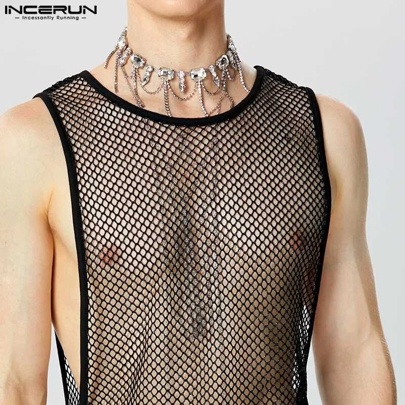Metallic Black Fishnet Tank Shirt w/ Tie-up Hem