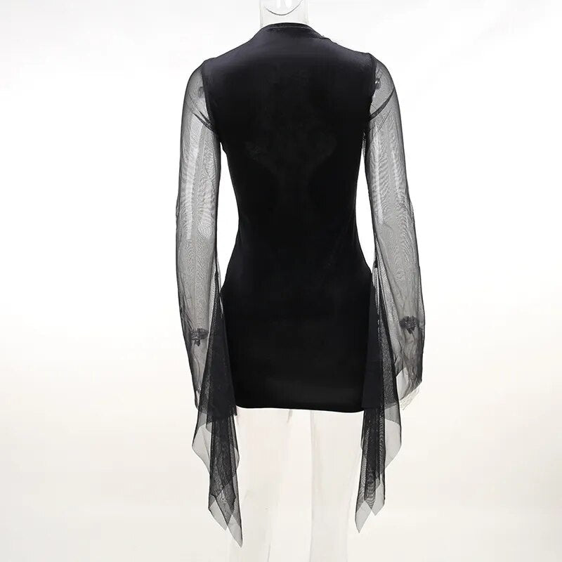 Black Velvet & Embroidered Mesh Mini Dress w/ Bell Sleeves