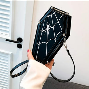 Open image in slideshow, Coffin Purses with Spiderweb, Cross, Rose Designs
