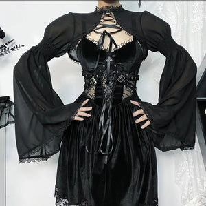 Open image in slideshow, Black Lace Bell-Sleeve Laceup Shrug
