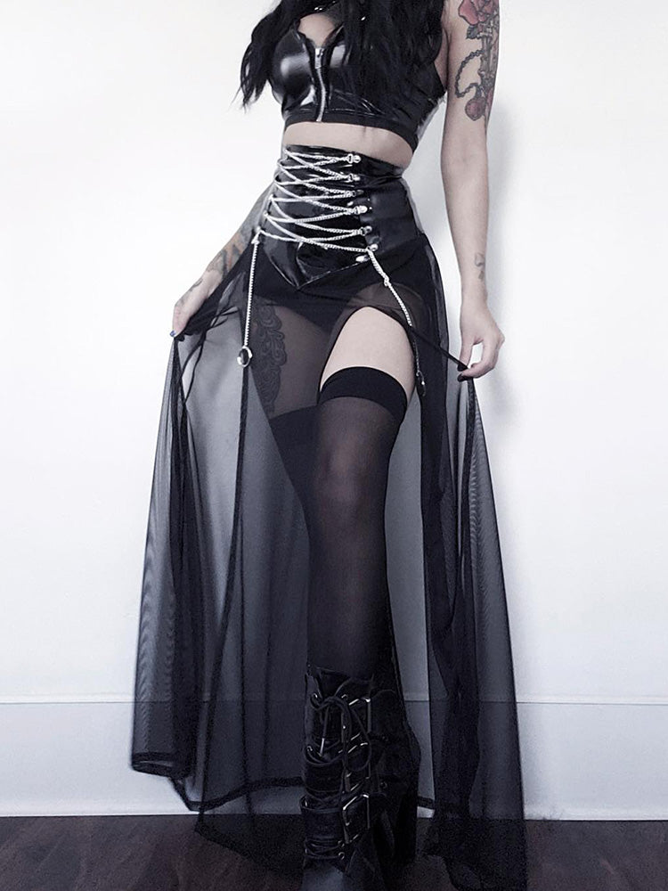 Black Mesh & Shiny Chain Corsetted Split Skirt