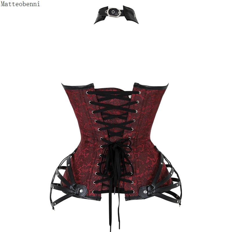 Red Damask Steampunk Corset w/ Collar & Hip Accents