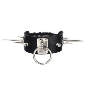 Open image in slideshow, Vegan Leather Layered Collar w/ Mixed Spikes &amp; Lock O-Ring
