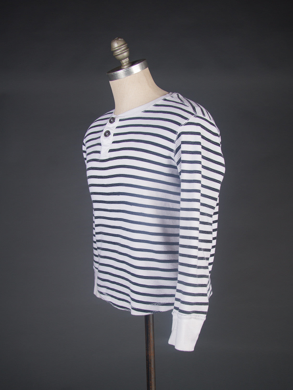 Men's Black & White Striped Henley Shirt, Medium