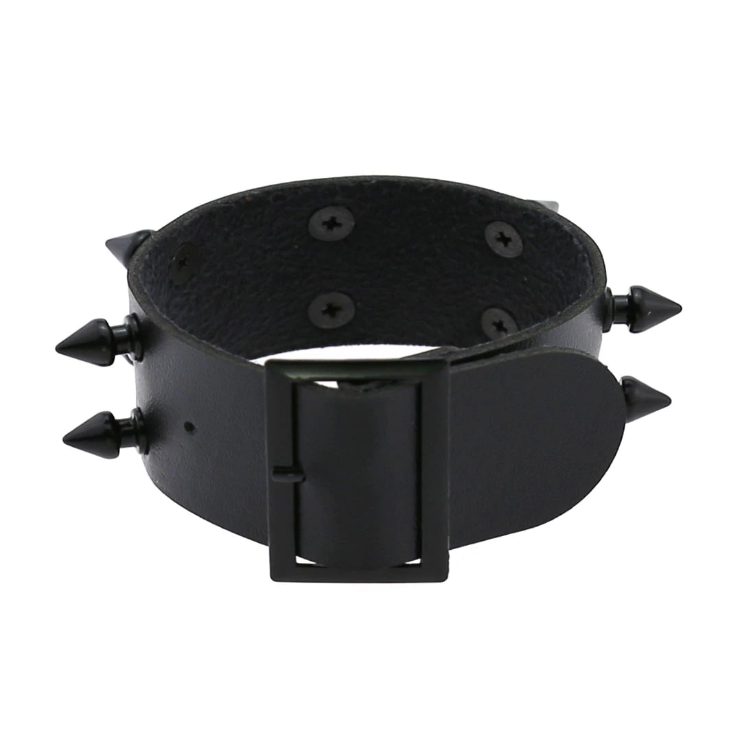 Vegan Leather 2-Row Short Black Spike Buckle Wristband Cuff