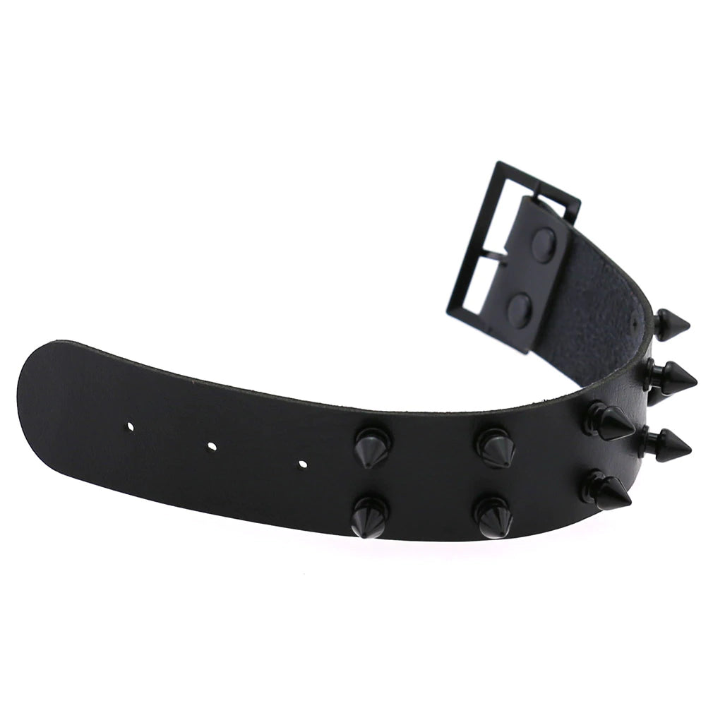 Vegan Leather 2-Row Short Black Spike Buckle Wristband Cuff