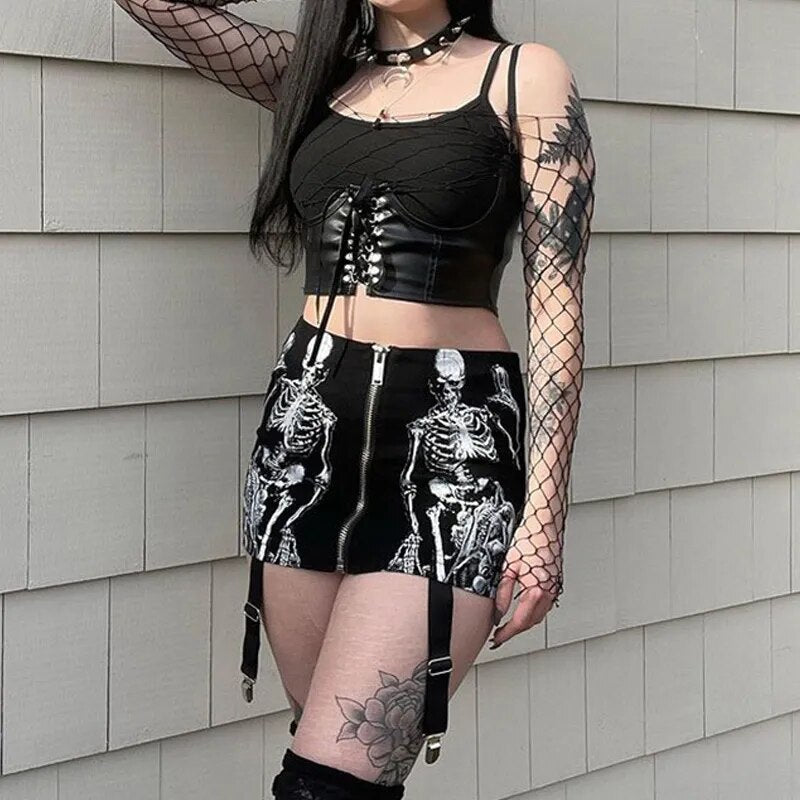 Black Skeleton Print Skirt w/ Garters
