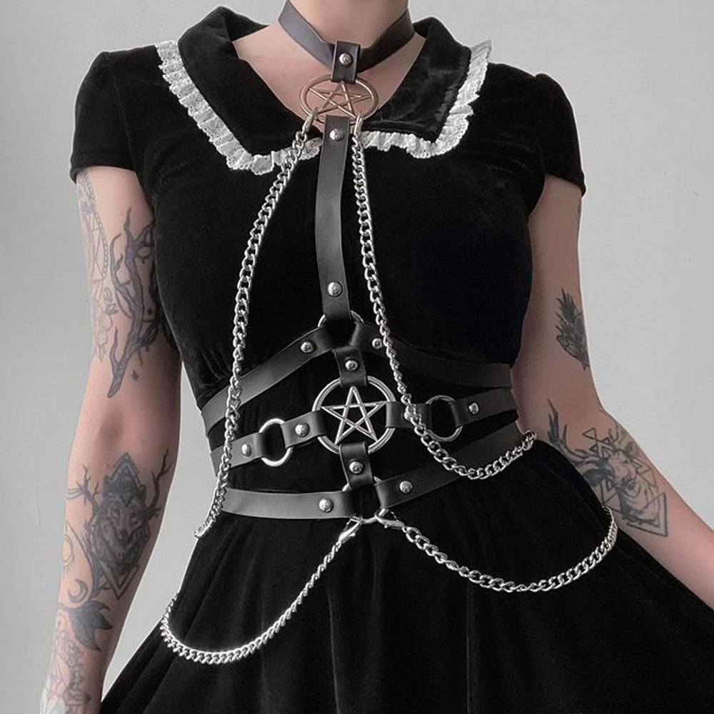 Vegan Leather Neck-To-Waist Harness w/ Pentagrams & Removable Chains