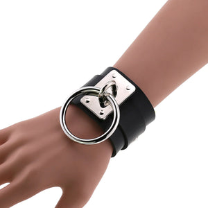 Vegan Leather Bondage 2-Tier Wristband Cuff w/ Ring
