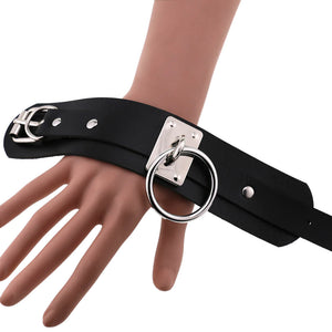 Vegan Leather Bondage 2-Tier Wristband Cuff w/ Ring